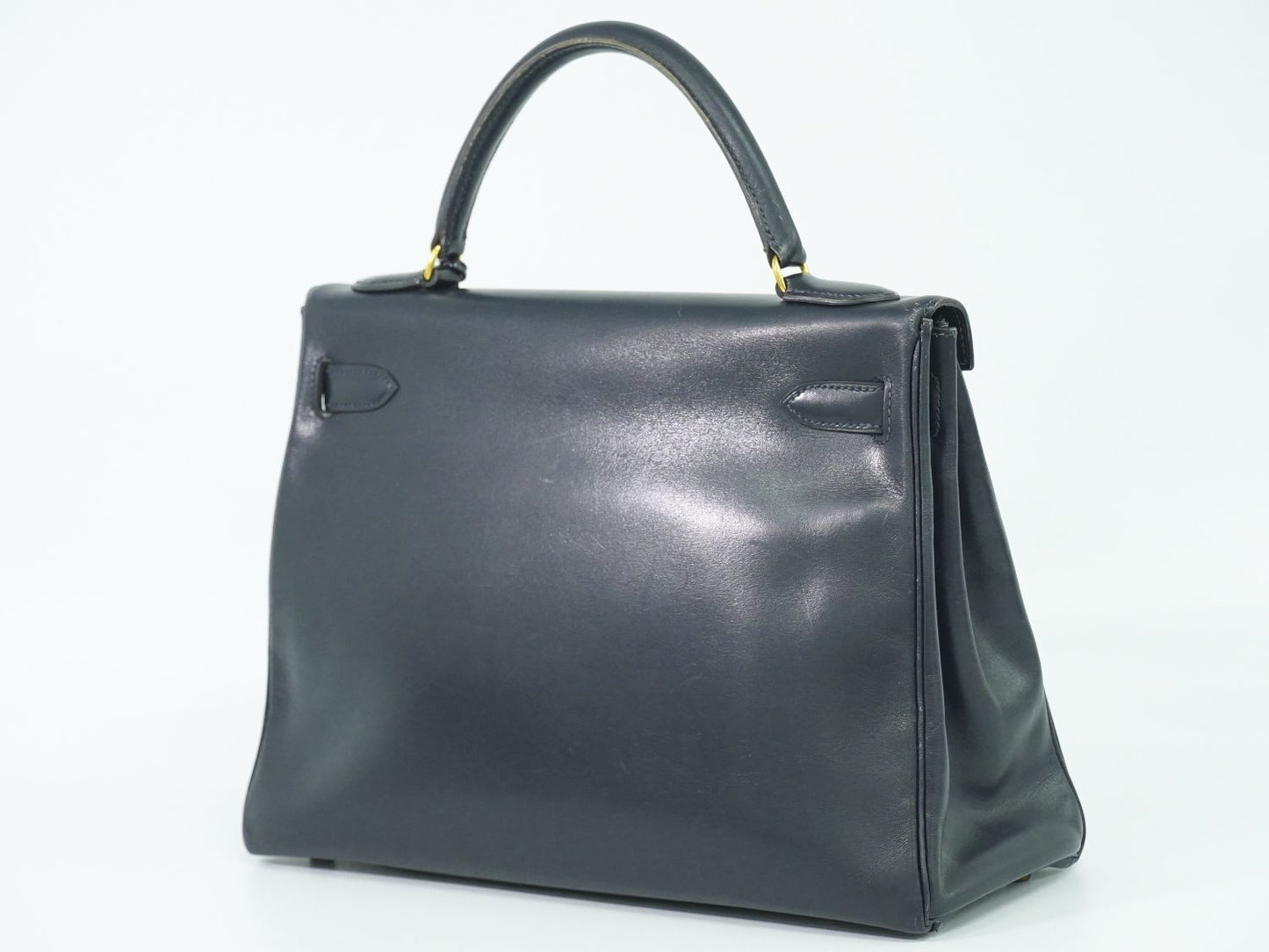 HERMES ケリー 32 ボックスカーフ レザー ハンドバッグ ○U刻 ネイビー