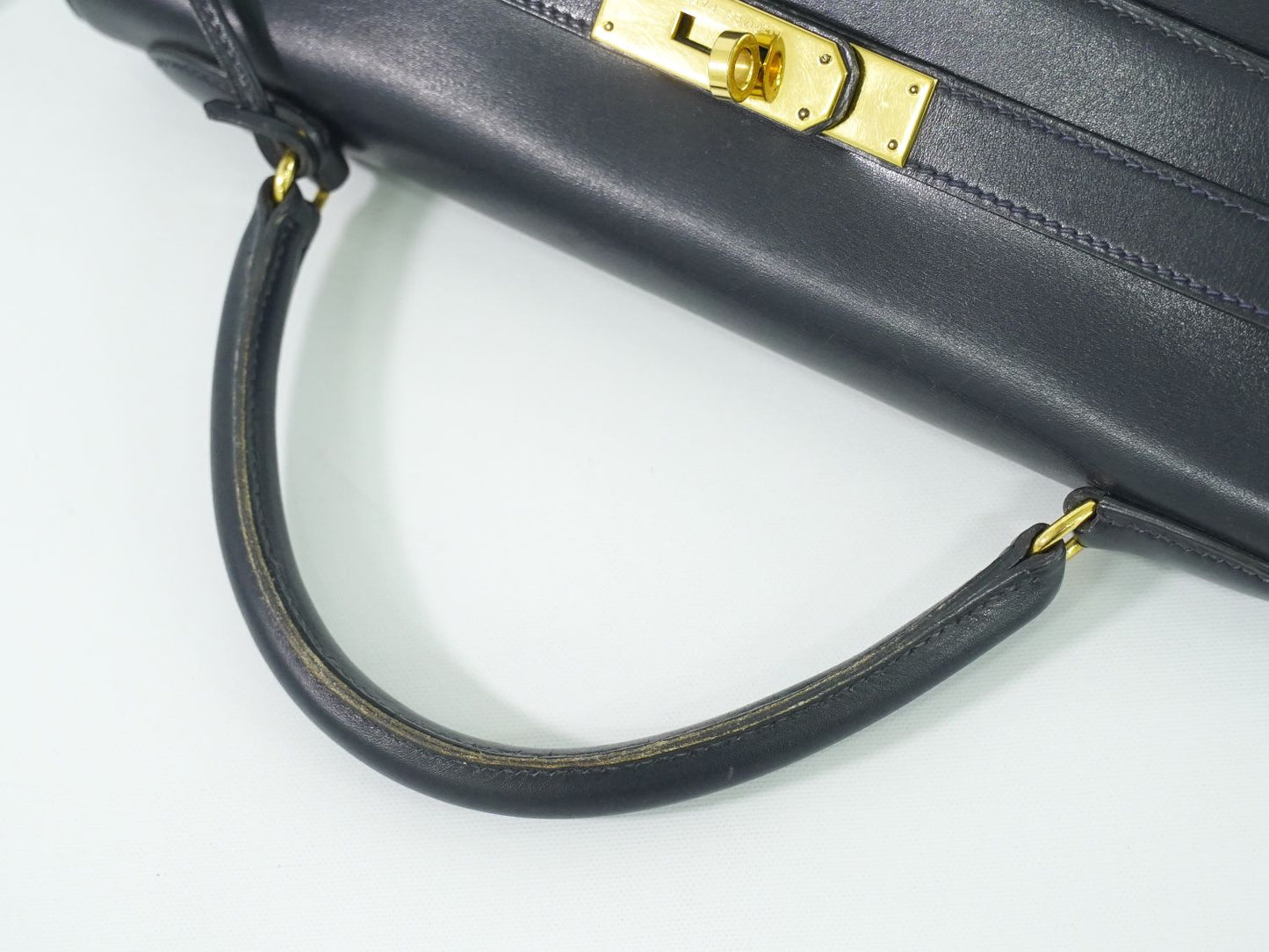 HERMES ケリー 32 ボックスカーフ レザー ハンドバッグ ○U刻 ネイビー