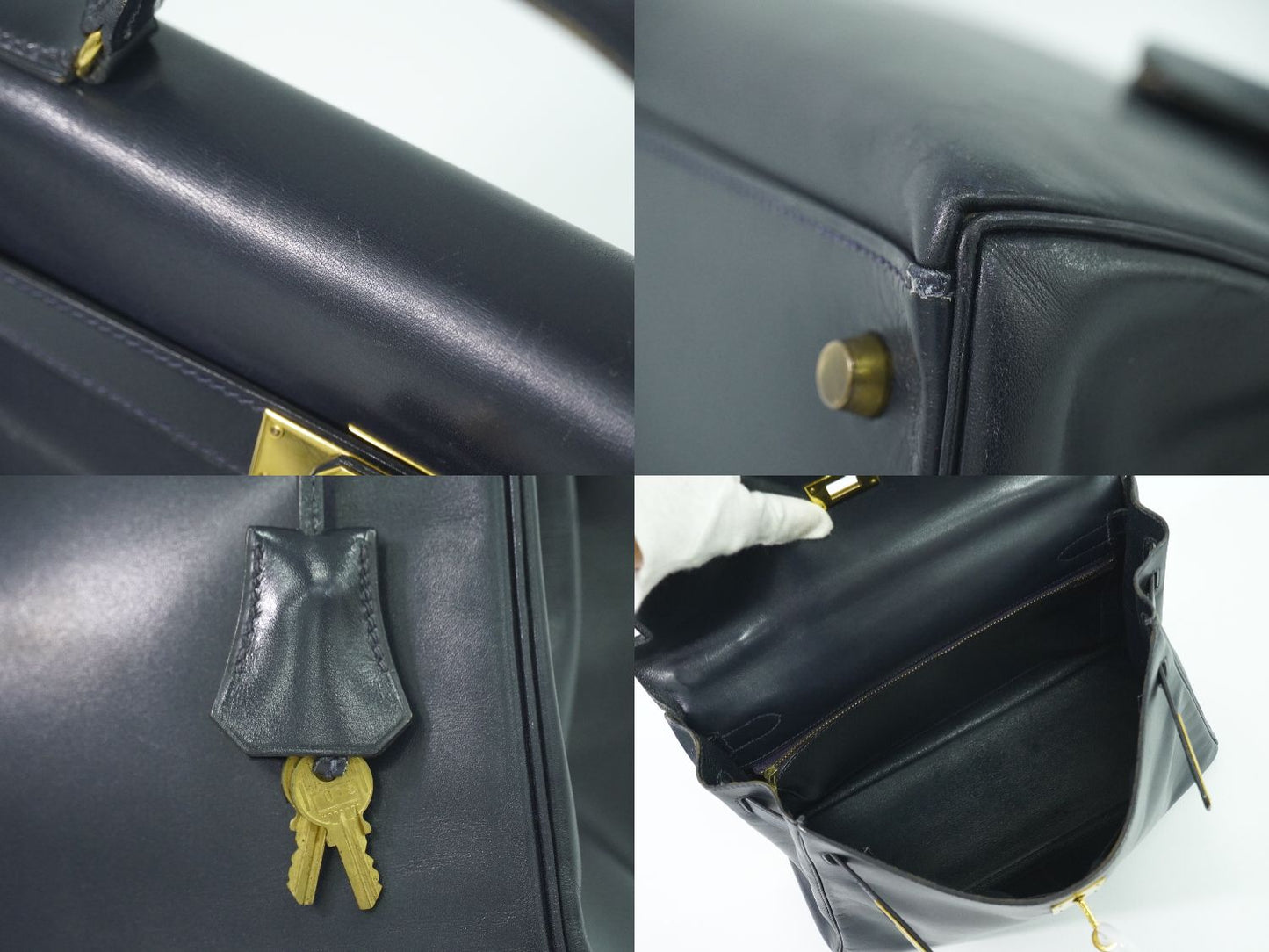HERMES ケリー 32 ボックスカーフ レザー ハンドバッグ ○U刻 ネイビー