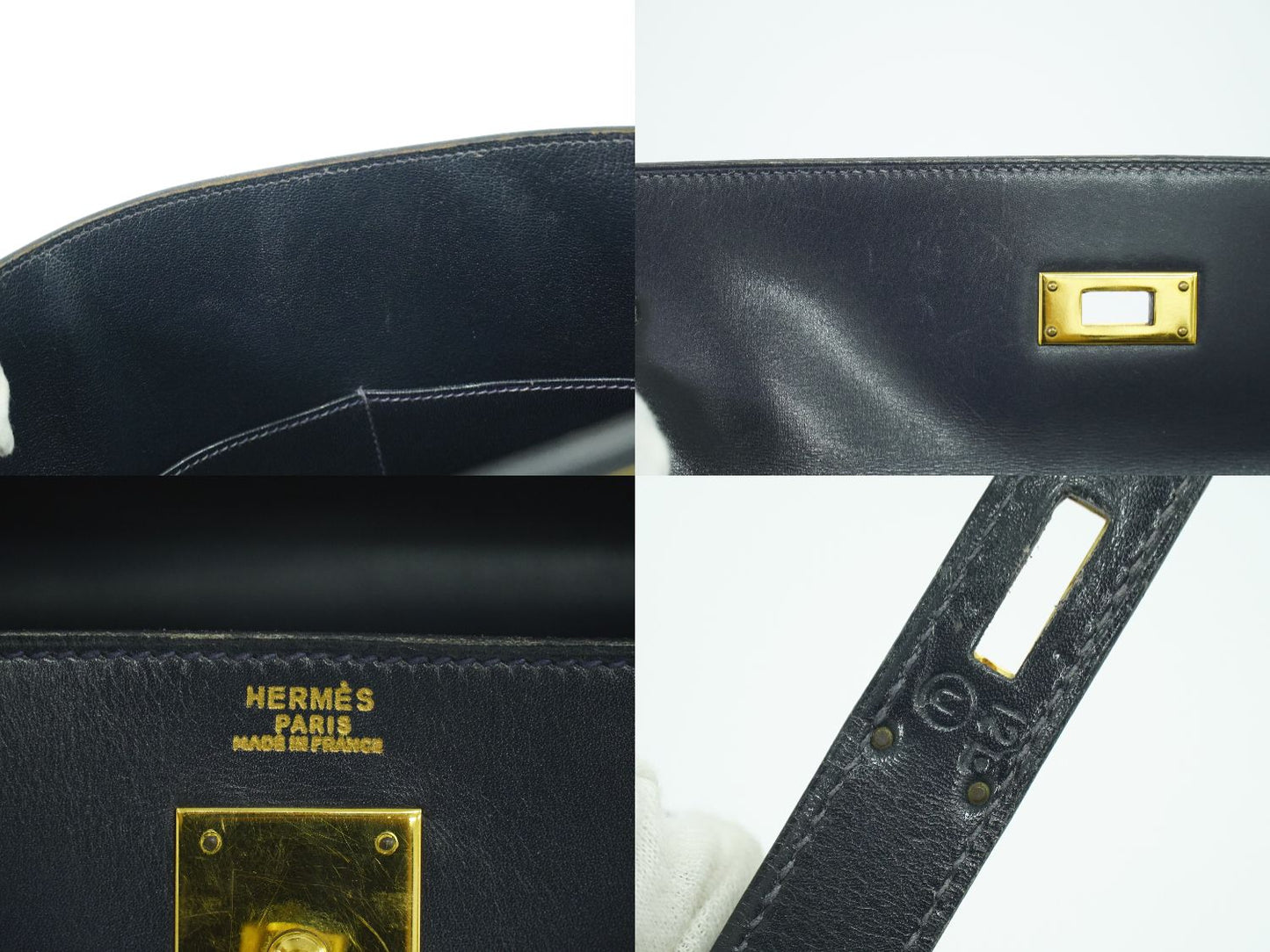 HERMES ケリー 32 ボックスカーフ レザー ハンドバッグ ○U刻 ネイビー