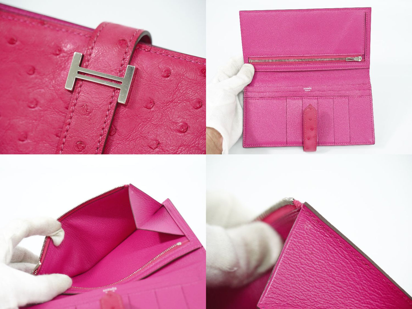 HERMES ベアンスフレ オーストリッチ レザー 長財布 C刻 ピンク