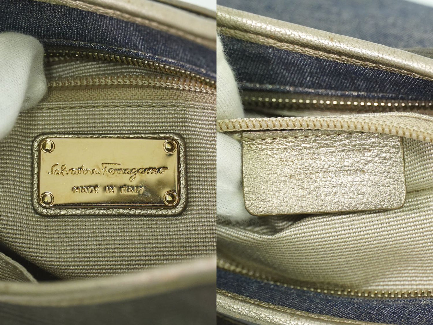 Salvatore Ferragamo ヴァラ ハンドバッグ メタリックブルー グレー
