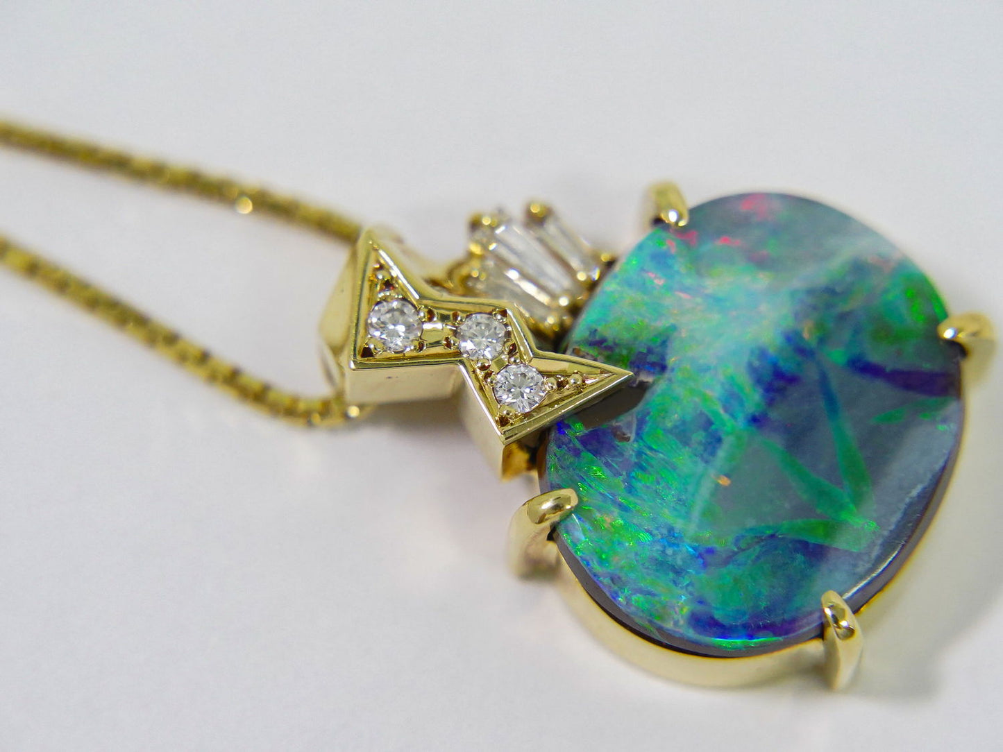ボルダーオパール 6.35ct ダイヤモンド 0.16ct 750 K18 YG ネックレス ブルー