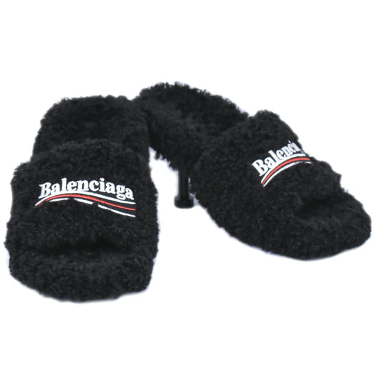 BALENCIAGA ロゴ サンダル ヒール 35 ボア ブラック