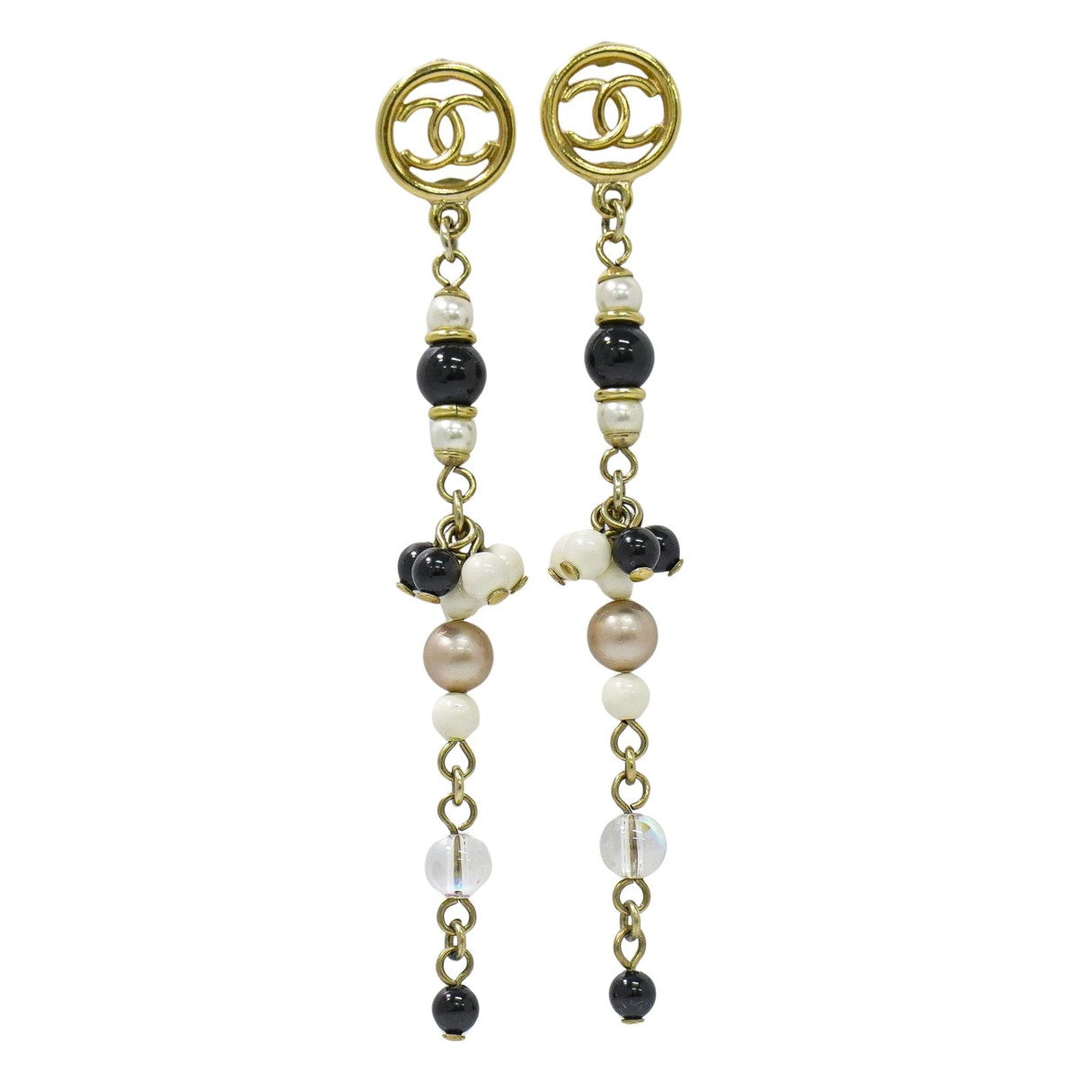 CHANEL ココマーク フェイクパール ビーズ さがり ピアス GP マルチカラー