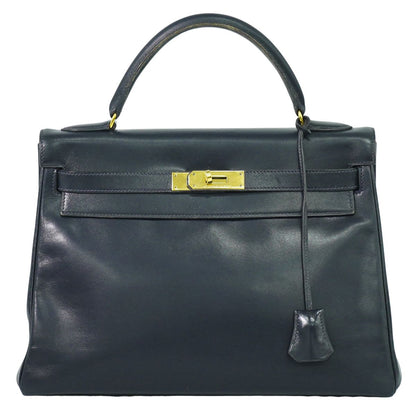 HERMES ケリー 32 ボックスカーフ レザー ハンドバッグ ○U刻 ネイビー