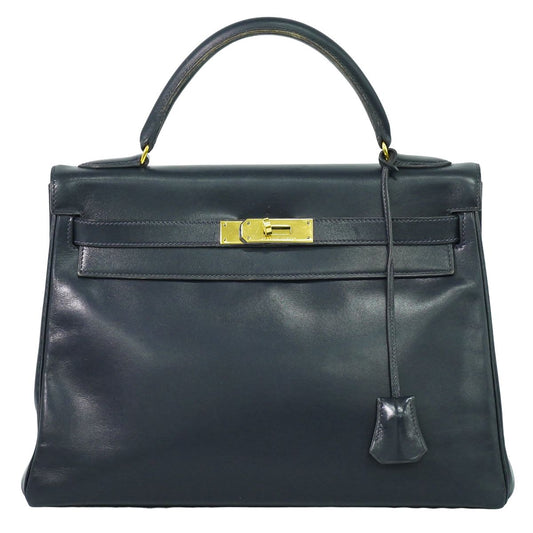 HERMES ケリー 32 ボックスカーフ レザー ハンドバッグ ○U刻 ネイビー