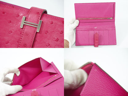 HERMES ベアンスフレ オーストリッチ レザー 長財布 C刻 ピンク