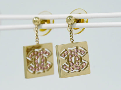 CHANEL ココマーク ラインストーン スクエア スイング ピアス GP ピンク
