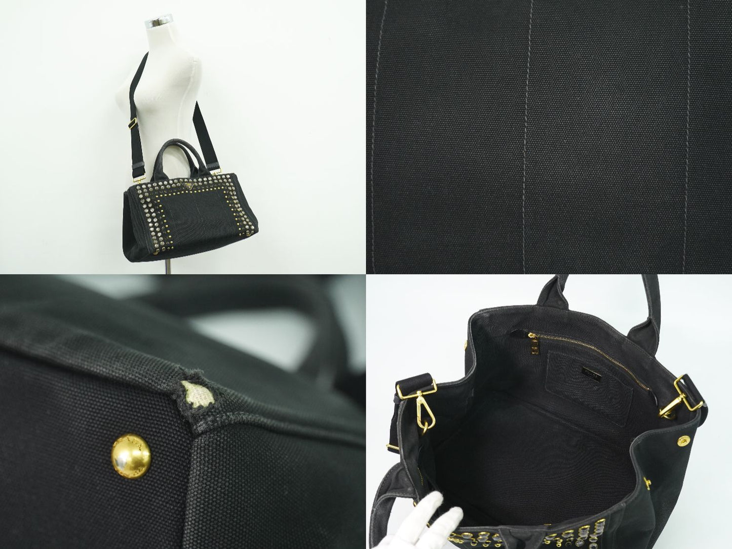 PRADA カナパ ビジュー 2WAY ショルダーバッグ ブラック B2642O