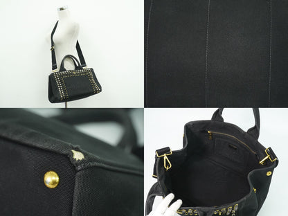 PRADA カナパ ビジュー 2WAY ショルダーバッグ ブラック B2642O
