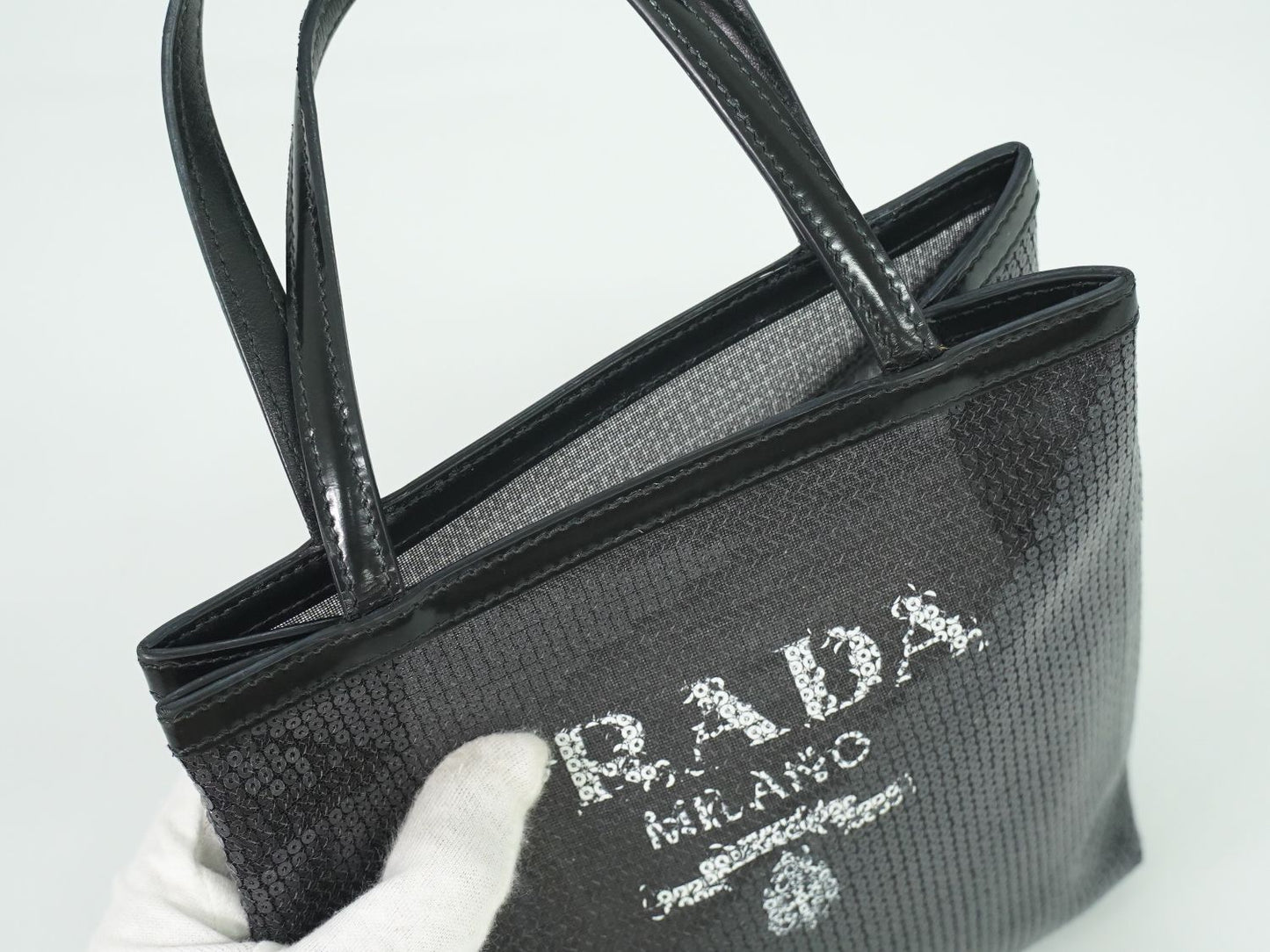 PRADA スパンコール メッシュ ハンドバッグ ブラック