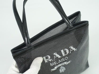 PRADA スパンコール メッシュ ハンドバッグ ブラック