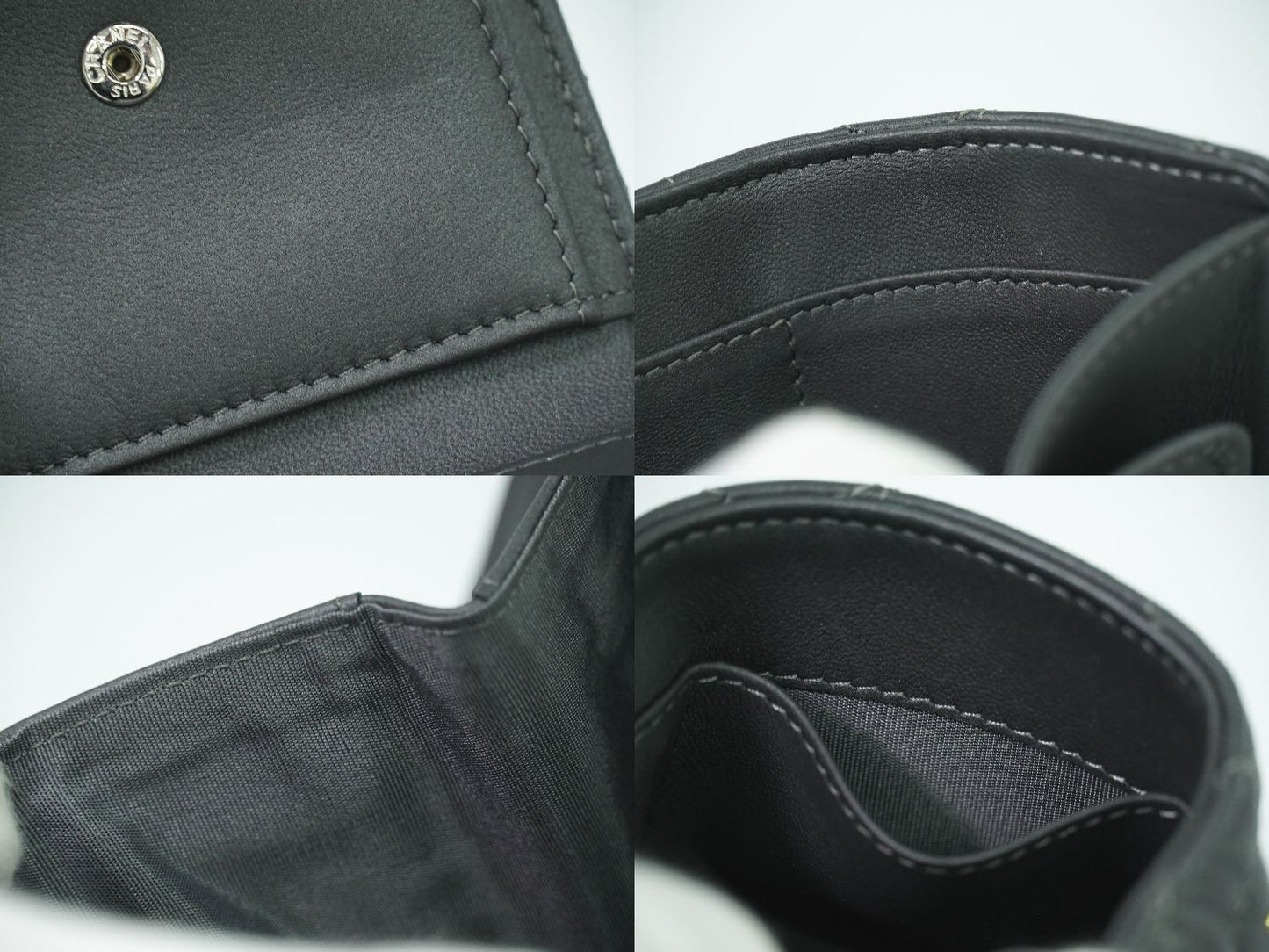 CHANEL カメリア ラインストーン 折財布 ダークグレー