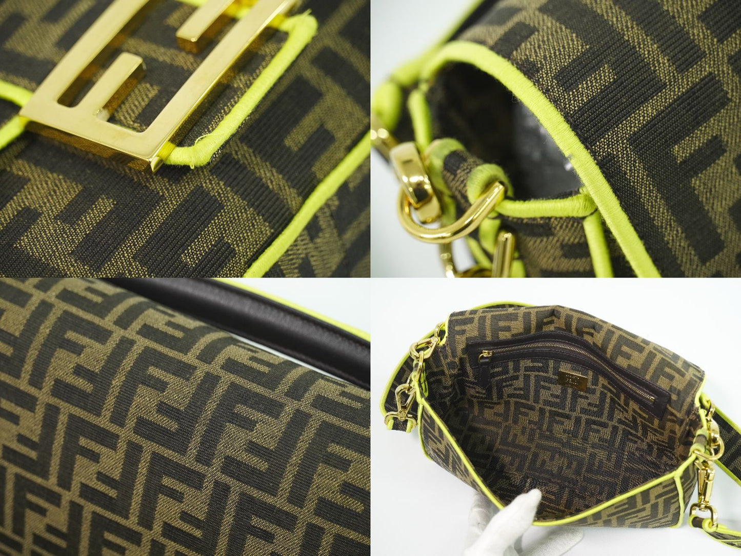 FENDI ズッカ バケット 2WAY ショルダーバッグ ブラウン ネオンイエロー 8BR600