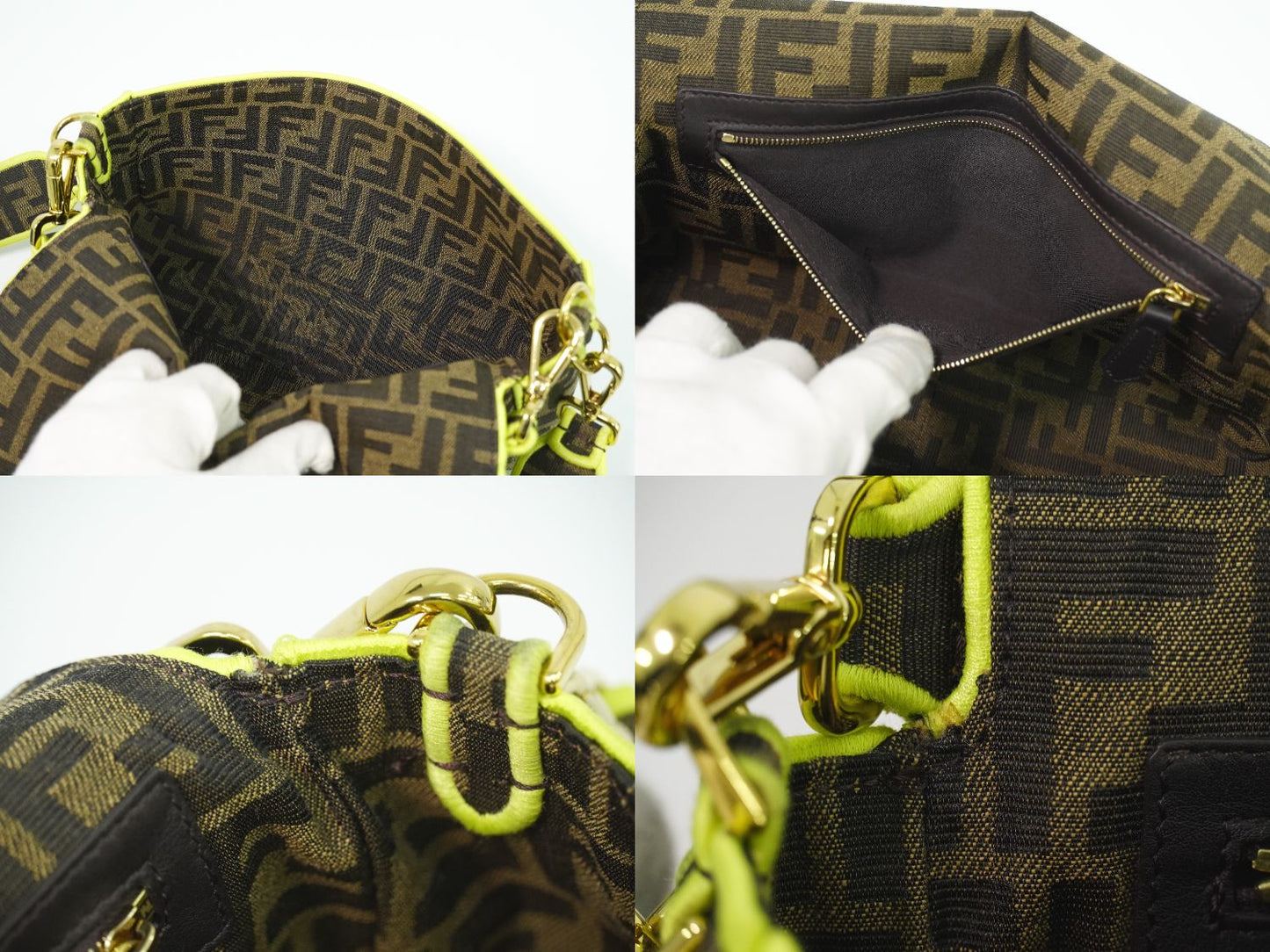 FENDI ズッカ バケット 2WAY ショルダーバッグ ブラウン ネオンイエロー 8BR600