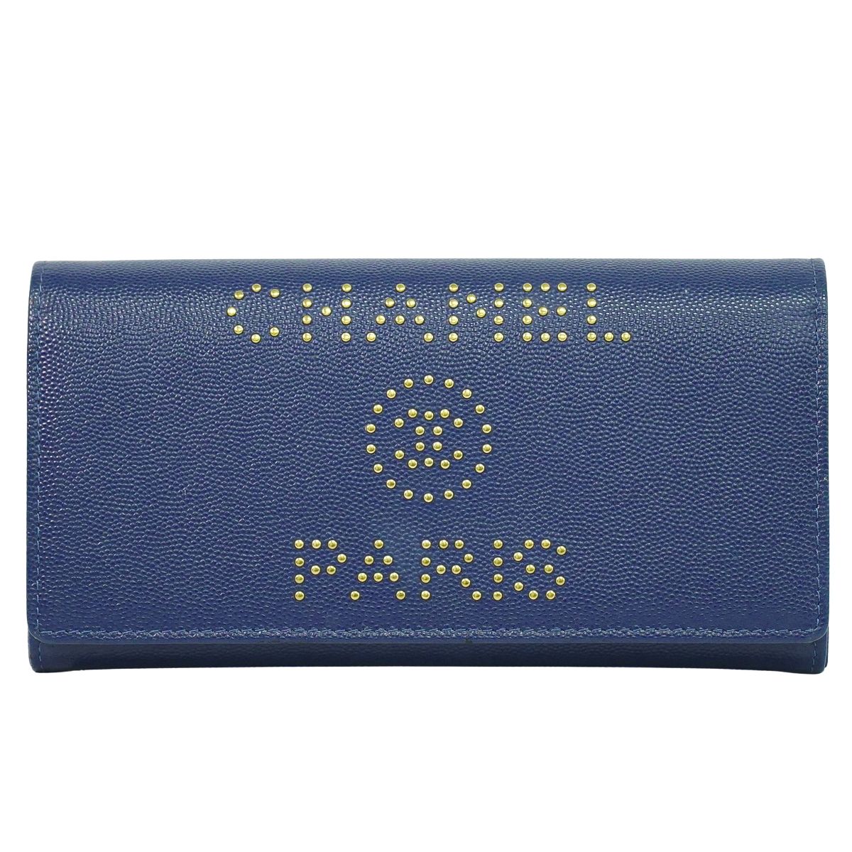 CHANEL ドーヴィル ココマーク スタッズ 長財布 ネイビー