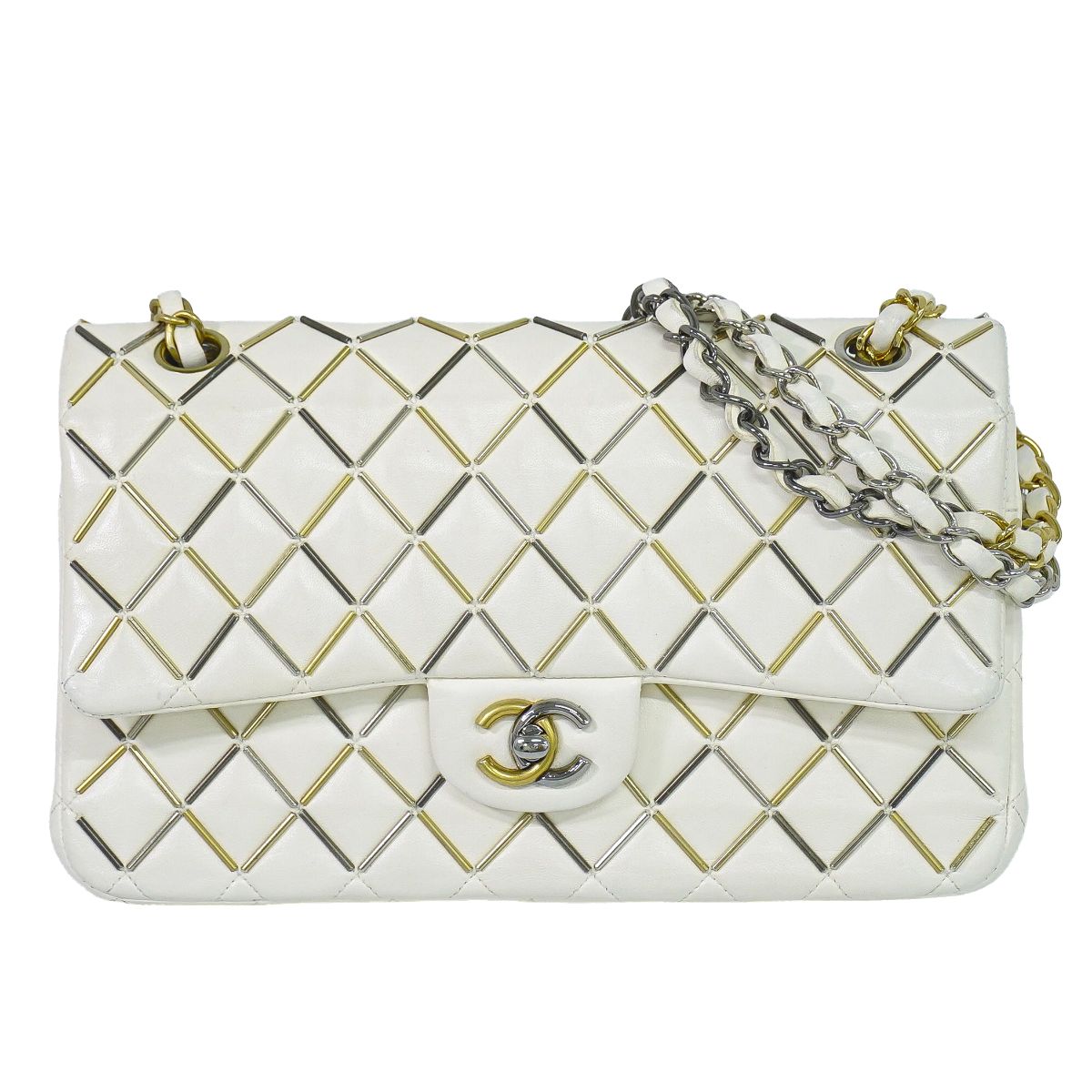 CHANEL ココマーク マトラッセ ダブルフラップ チェーン ショルダーバッグ ホワイト