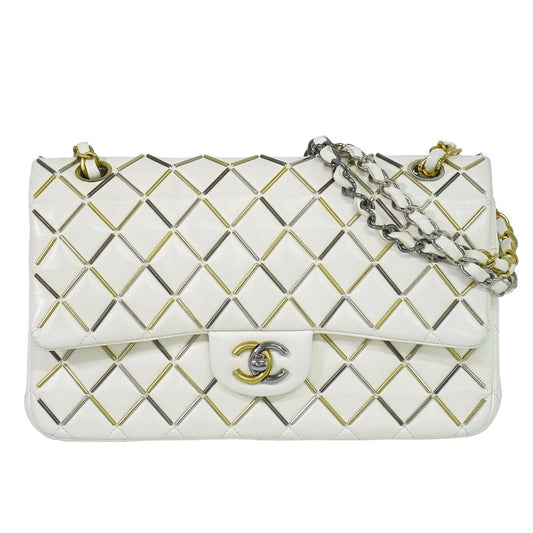 CHANEL ココマーク マトラッセ ダブルフラップ チェーン ショルダーバッグ ホワイト